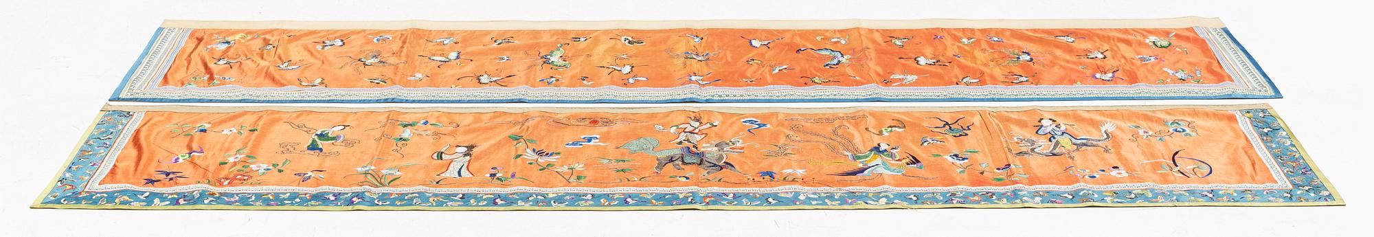 Two embroidered silk panels, Qing dynasty, circa 1900.