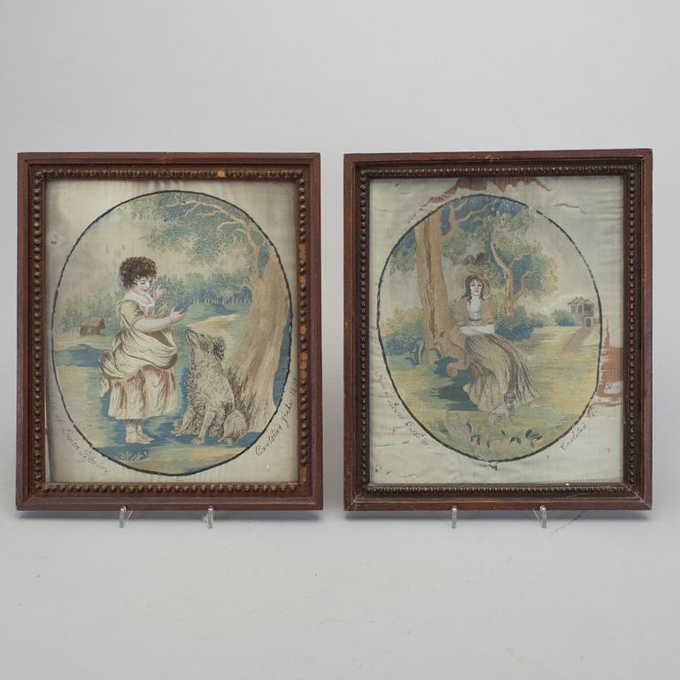 BRODERIER, ett par, en daterad 1808.