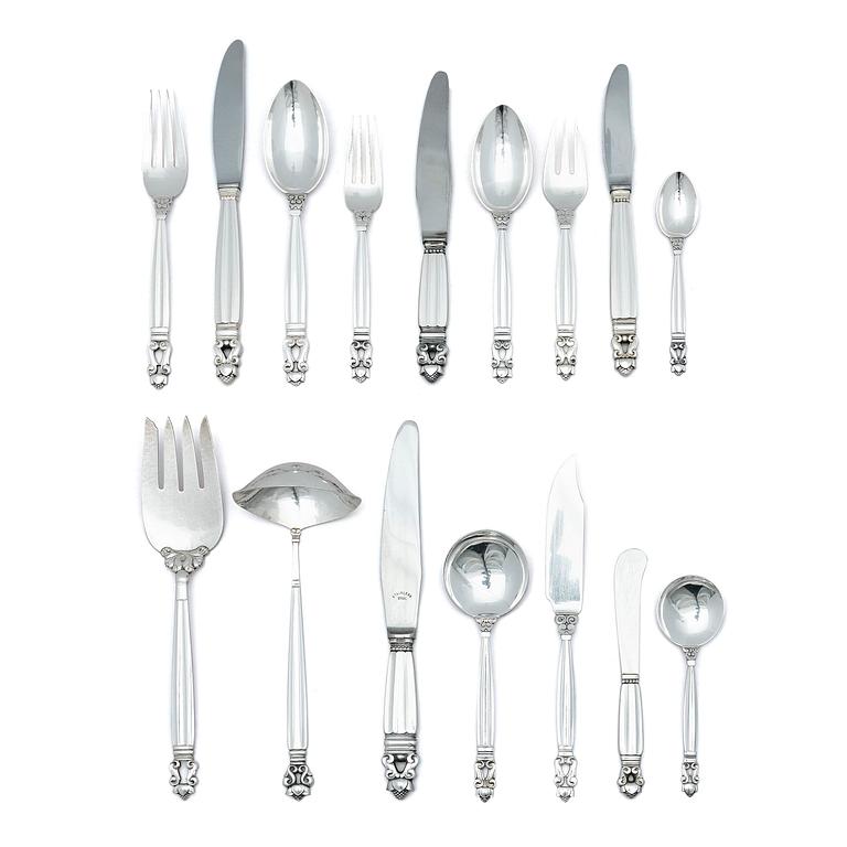 Georg Jensen, bestickuppsättning, 139 delar "Konge/Acorn", sterling silver, design Johan Rohde, Köpenhamn efter 1945.