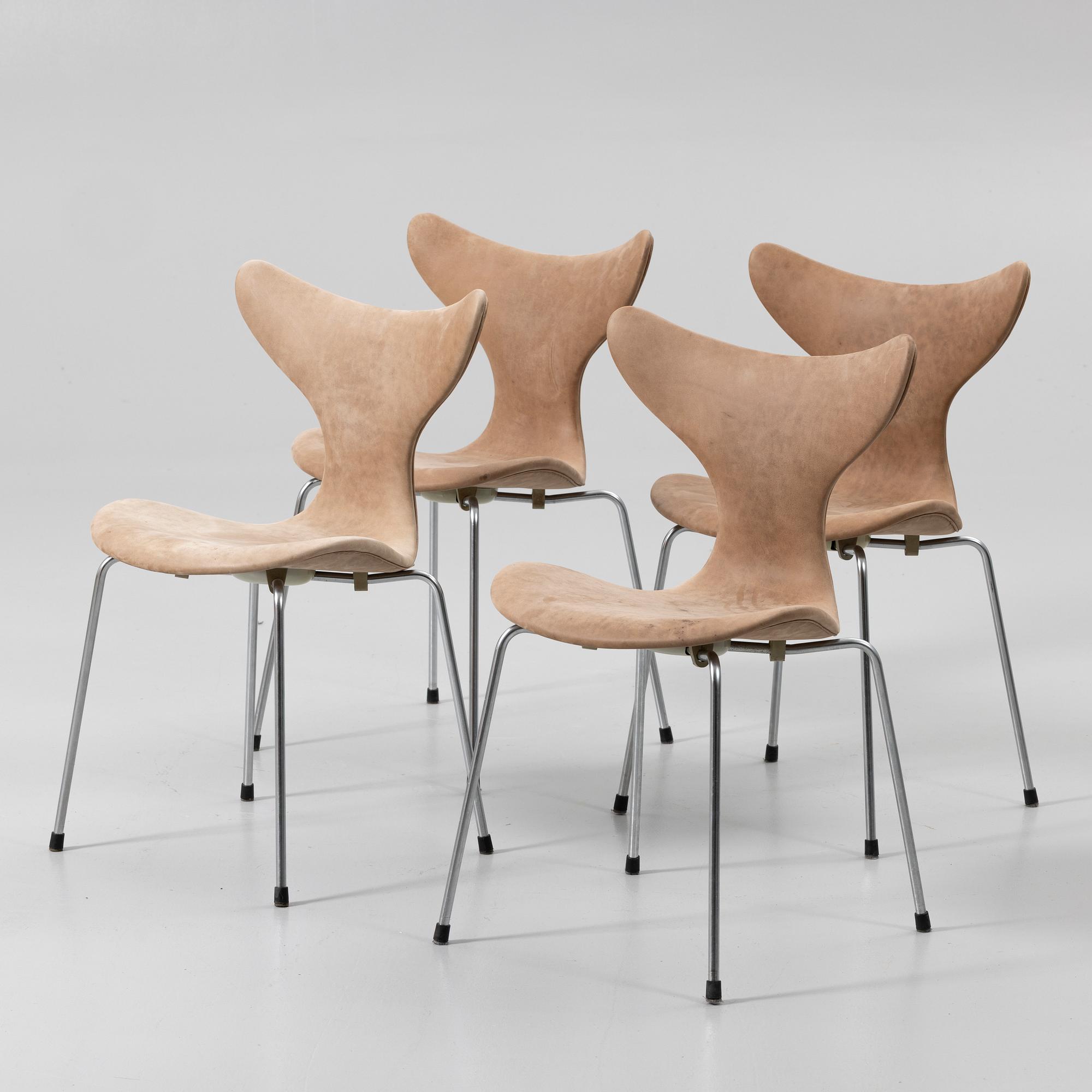 Arne Jacobsen, 8 chairs, “Måsen”/“Liljan”, Fritz Hansen, Denmark.