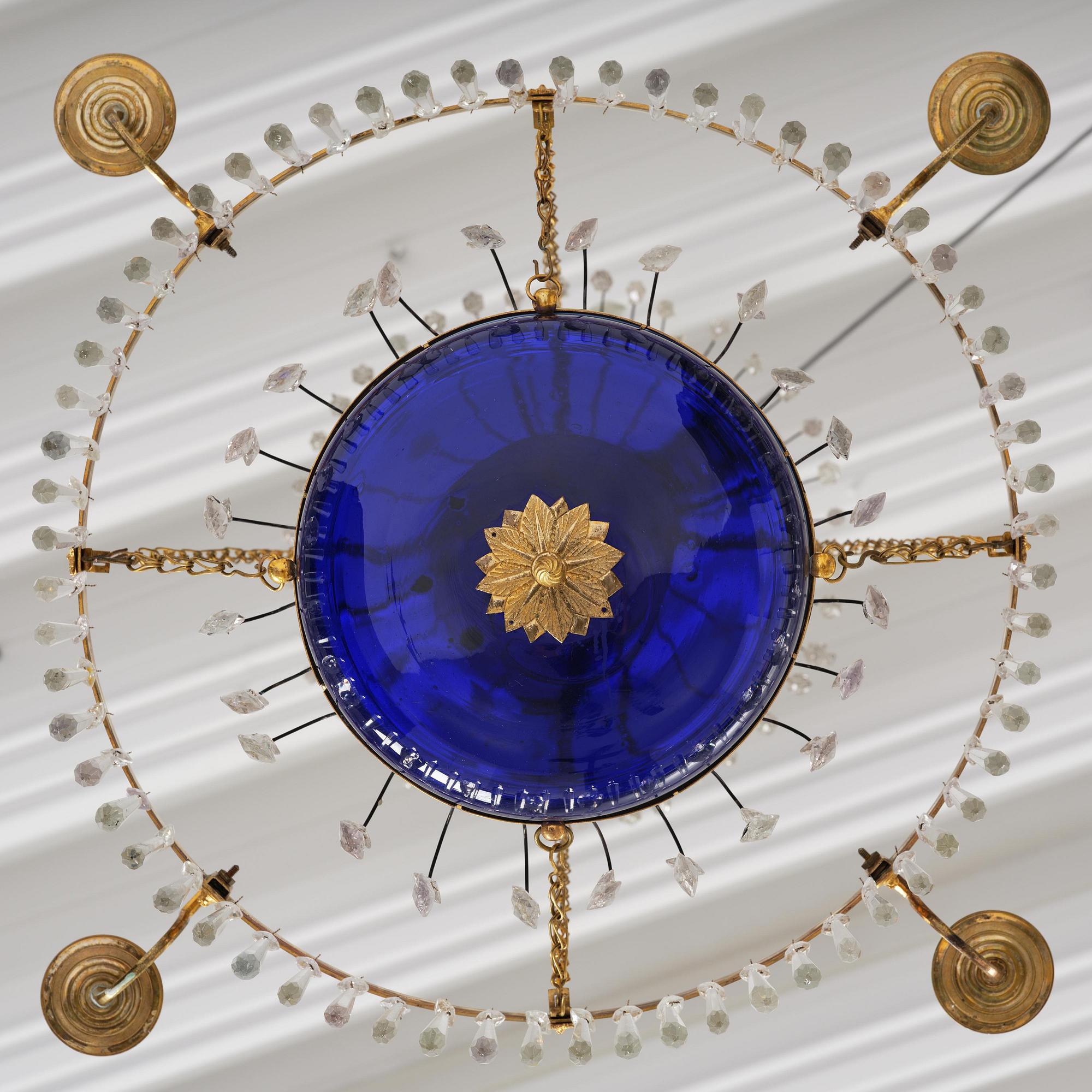 A late Gustavian five-light gilt brass and cut glass chandelier, Stockholm, late 18th century.