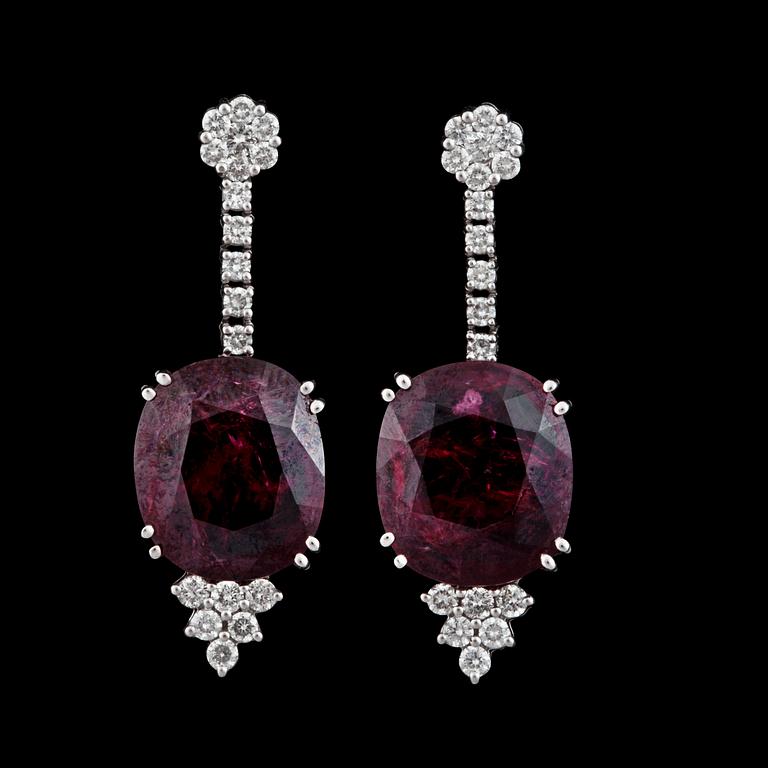 A pair of 16.98 cts / 15.42 cts natural red spinel and diamond earrings. Total carat weight of diamonds circa 0.90 ct.