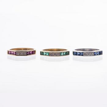 RINGAR, 3 st, 18K vitt- och gult guld, diamanter, rubiner, safirer, smaragder. Vikt totalt ca 10,2 g.