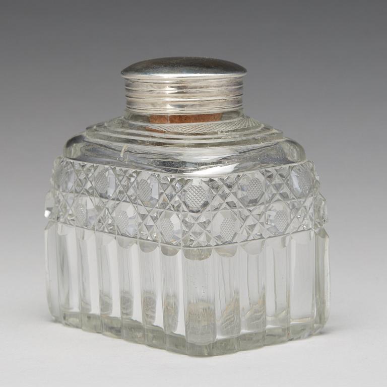 A Russian 19th century glass and silver tea-caddy, lid marked Johan Bernard Hertz, St. Petersburg 1833.