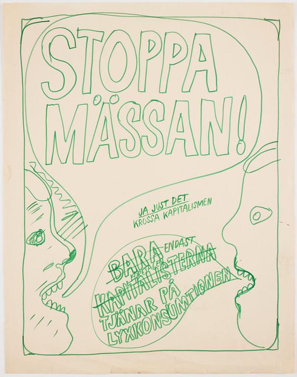 Carl Johan De Geer, skiss och affisch "Stoppa mässan" 1968.