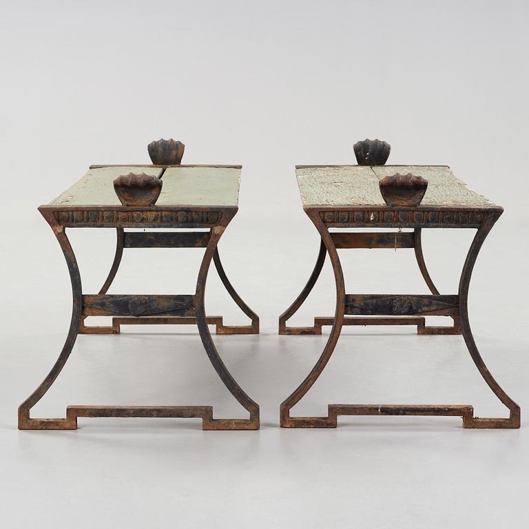 Folke Bensow, two 'Taburett No: 2' cast iron stools by Näfveqvarns bruk, Sweden post ca 1925.