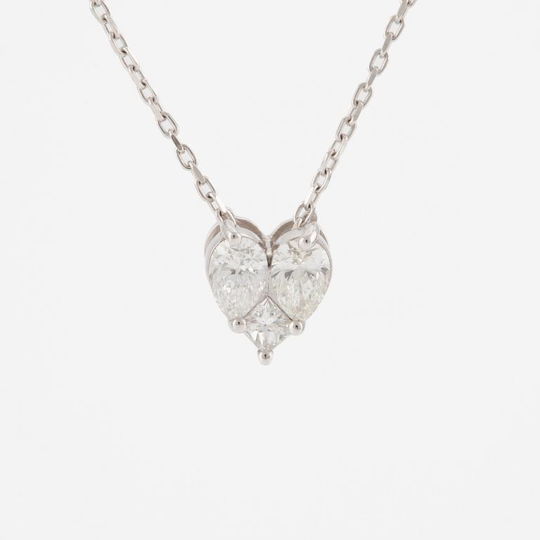 Necklace, 18K white gold heart-shaped with princess cut and pear-shaped diamonds.