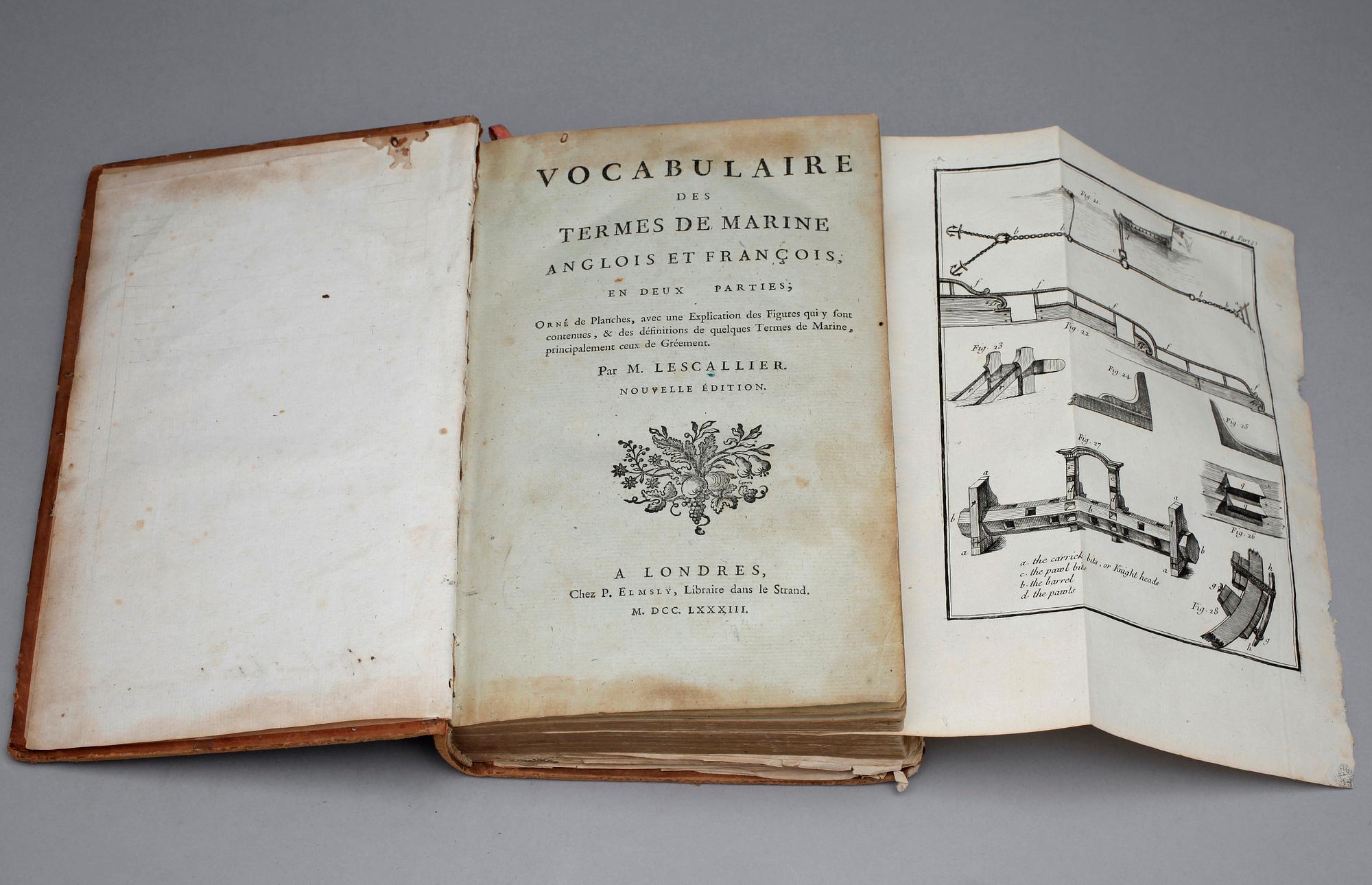 BOK, "Vocabulaire des Termes de Marine Anglois et Francois", 2 sambundna vol, av M. Lescallier, London 1783.