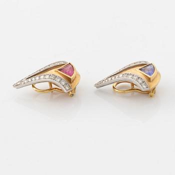 A pair of W.A Bolin earrings, gold and, tourmaline, tanzanite and brilliant cut diamonds.