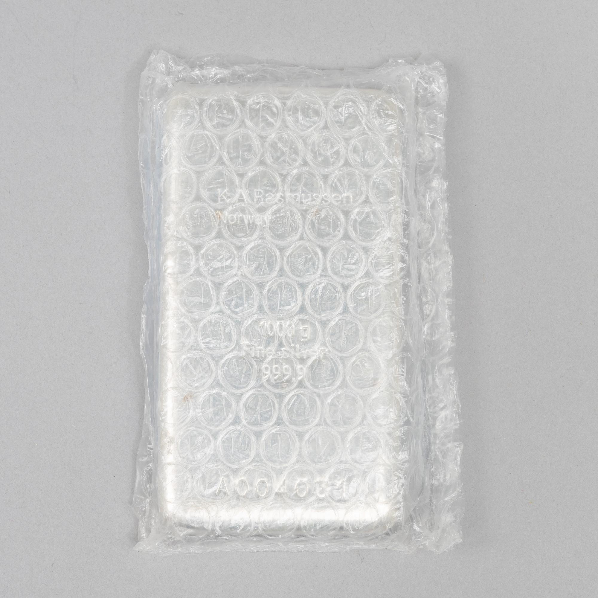 A silver bar, 1000 grams of fine silver, K.A. Rasmussen, Norway.