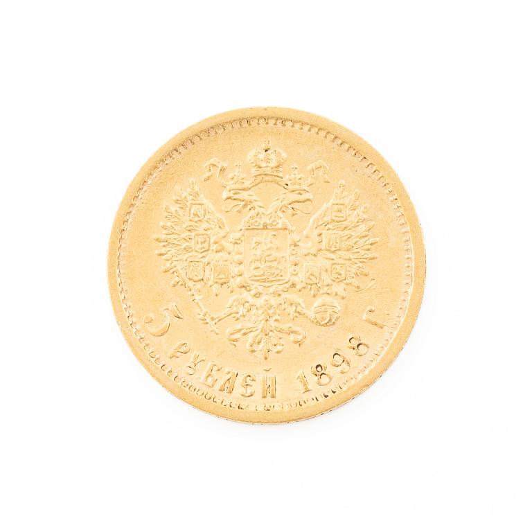 Gold coin, Nicholas II, Russia, 5 Rubles, 1898.