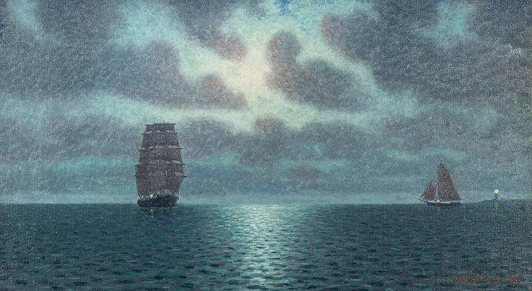 Otto Lindberg, Ship and Sailboat in Moonlight.
