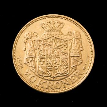 GULDMYNT, 20 kroner, Christian X, Danmark, 1915. Vikt ca 9 g.
