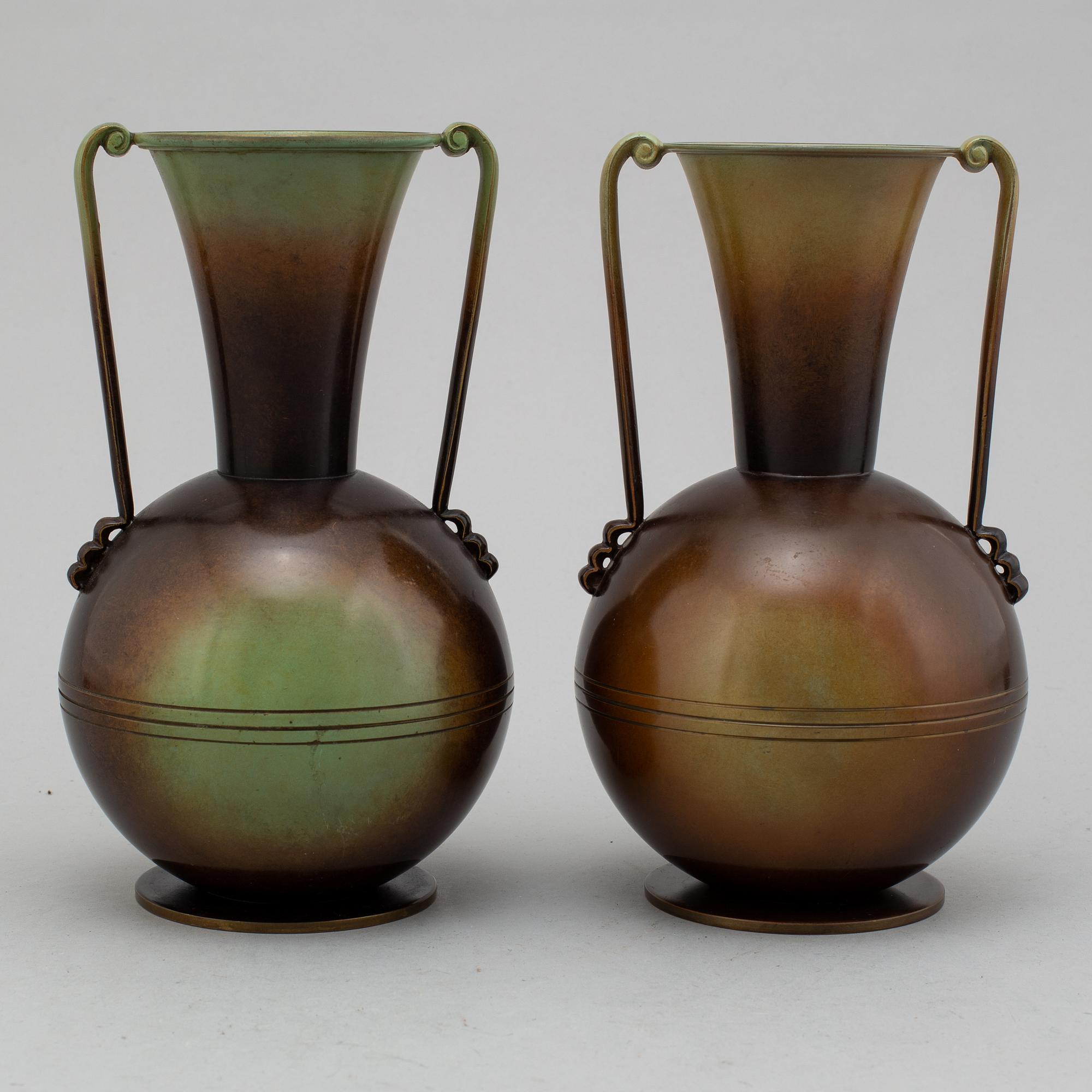 A PAIR OF BRONZE VASES, Ystad Brons, mid 20th century.