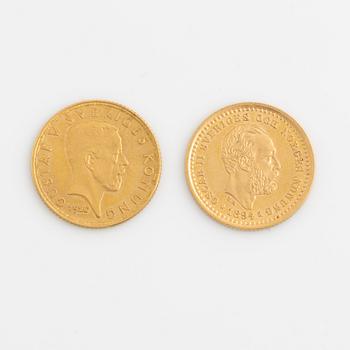 Two Swedish gold coins, 5 kronor, 1894 And 1920.