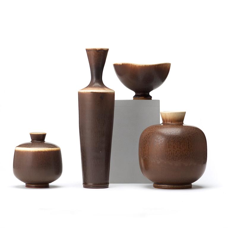 Berndt Friberg, a set of three stoneware vases and a bowl, Gustavsberg studio 1970-75.