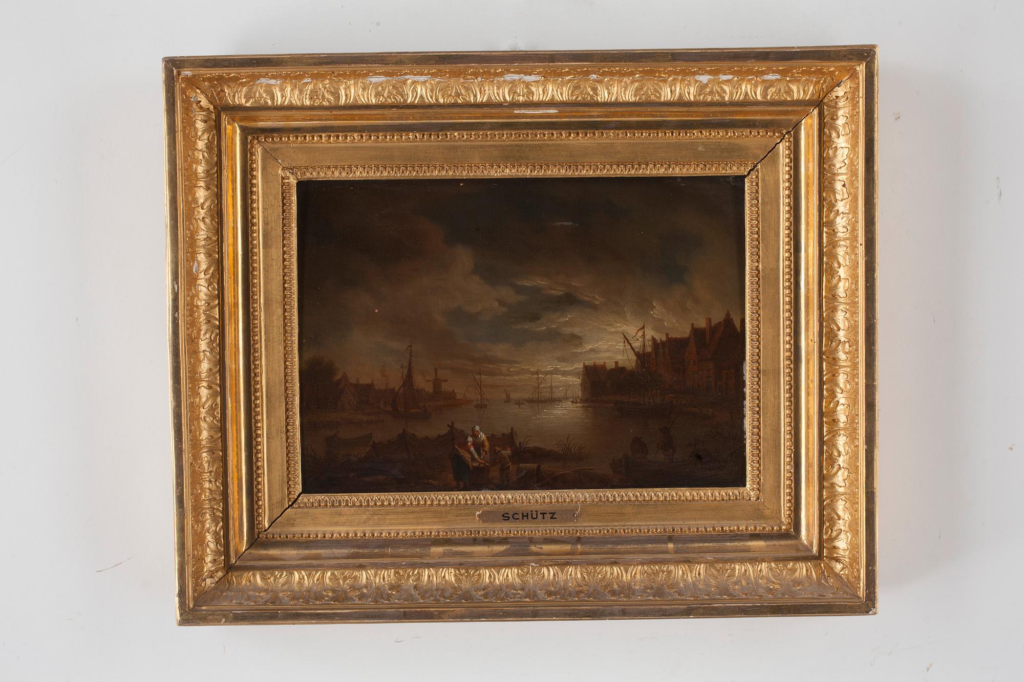 Christian Georg Schütz Tillskriven, En hamn i månsken.