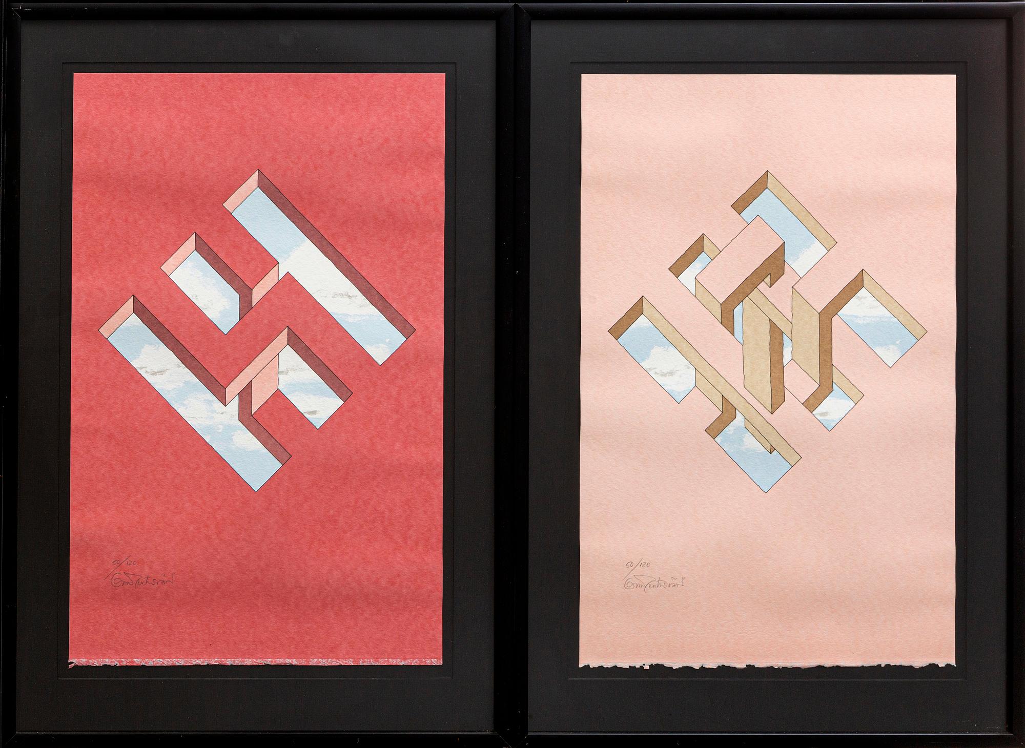 Oscar Reutersvärd, two color lithographes, signed 50/120.