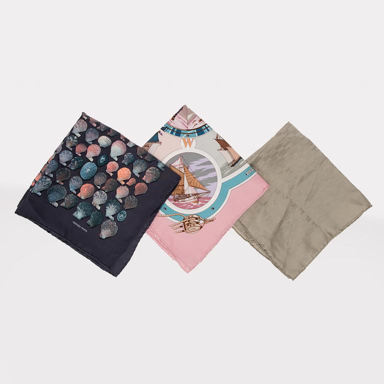 THREE POCKET SQUARE SCARVES.