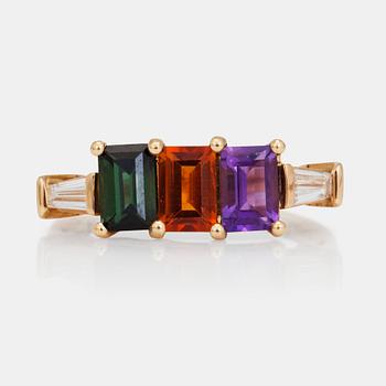 1278. A step-cut tourmaline, amethyst, citrine and trapeze-cut diamond ring.