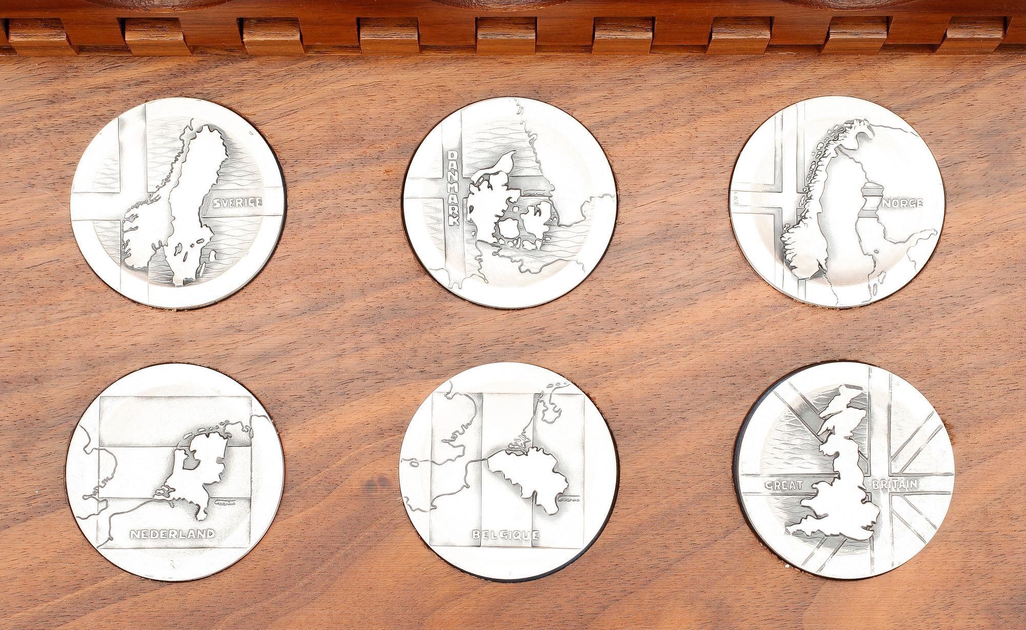 MEDALJSAMLING, 6 st, sterlingsilver, regenter i Europa, Sporrong, 1977. Tot ca 360 gram.