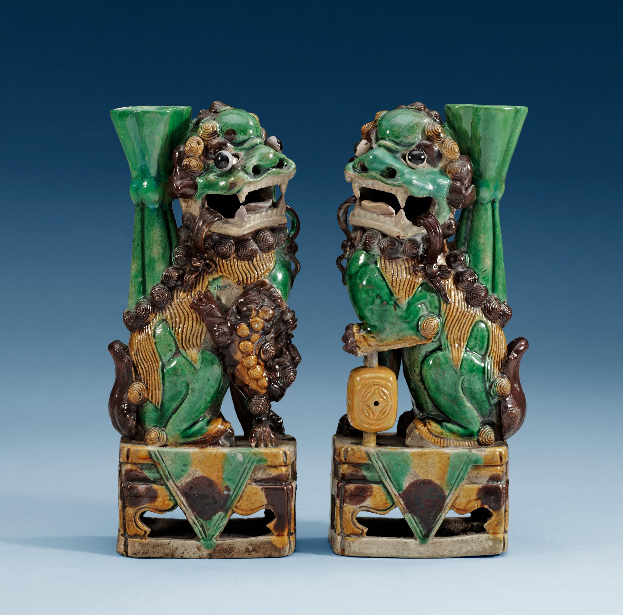A pair of famille verte bisquit censers, Qing dynasty, 18th Century.