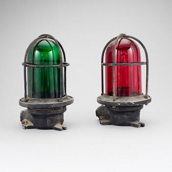 A pair of metal and glass lanterns, 20th Century.