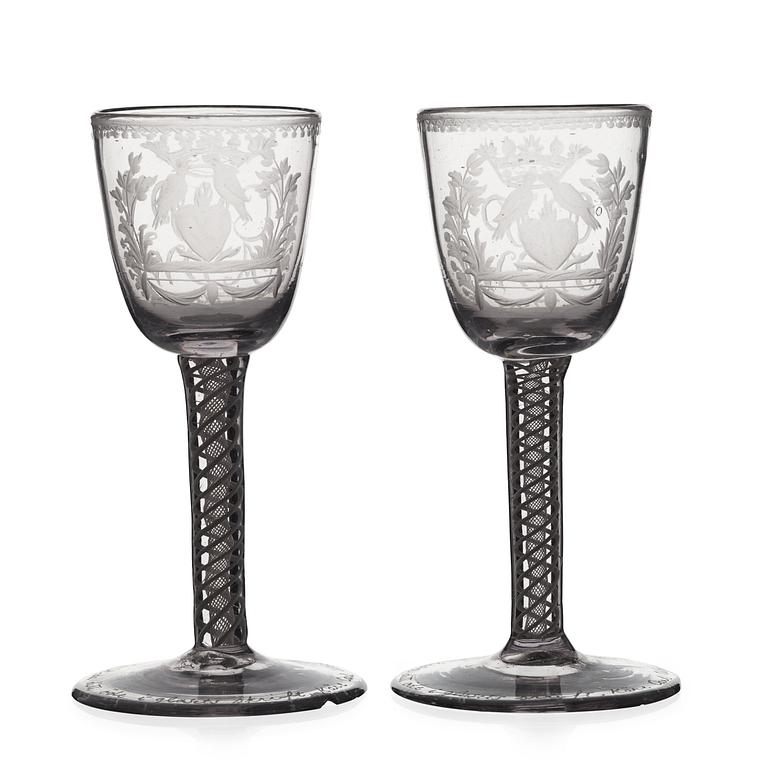 A pair of engraved ale glasses, 18th Century, presumably England.