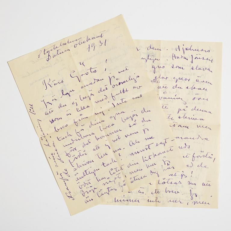 LETTER from Carl Kylberg in Stockholm to GAN (Gösta Adrian-Nilsson) in Lund. Dated 1931.