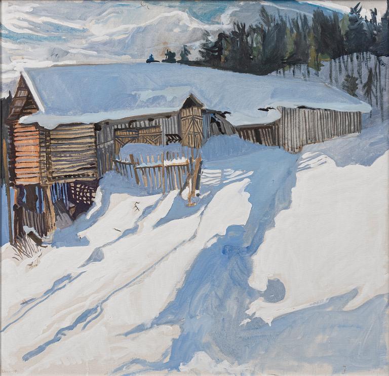Svenolov Ehrén, Winter scene with a timber shed.