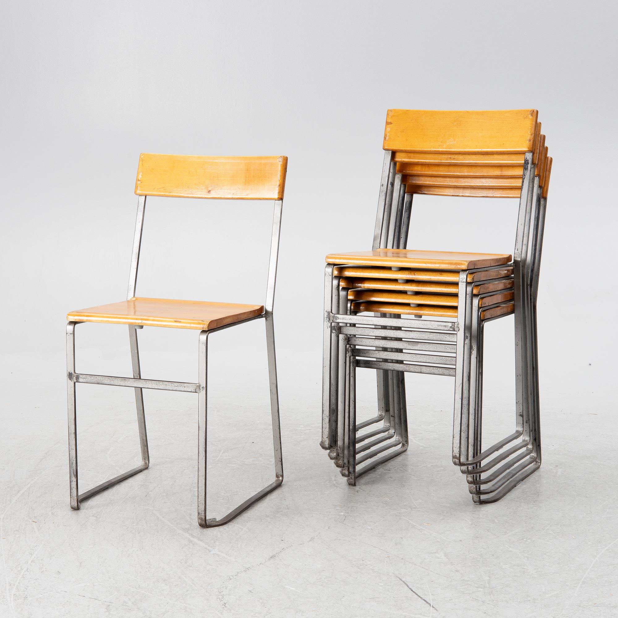 Six 'Chair 10', mid-20th century. Grythyttan's steel furniture. First half of the 20th century.