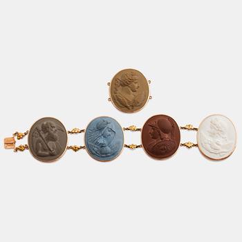 568. A lava cameo bracelet with antique motifs. One extra cameo included.