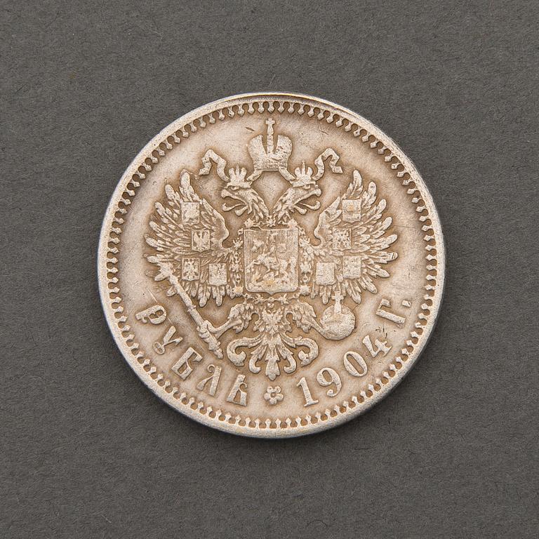 KOLIKKO, 1 RUPLA, hopeaa, Venäjä, Nikolai II, 1904.