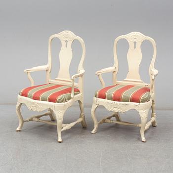 A pair of Swedish Rococo armchairs, second half of the 18th century.