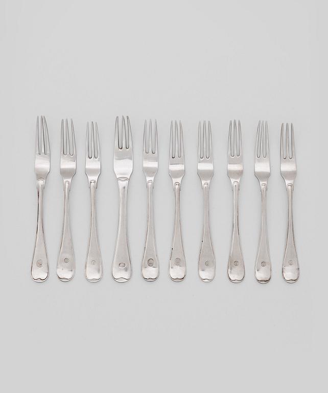 A set of 10 Swedish 18th century silver dessert-forks, marks of Lars Boye, Stockholm 1780 and.