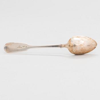 A silver sugar bowl, 1825 and a Hlebnikov silver spoon, early 1900s, both from Moscow.