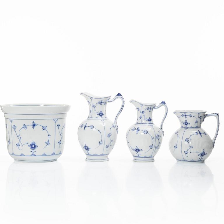 Royal Copenhagen, Three 'Musselmalet' jugs, circa 1900, and a Bing & Grøndahl cachepot, Denmark.