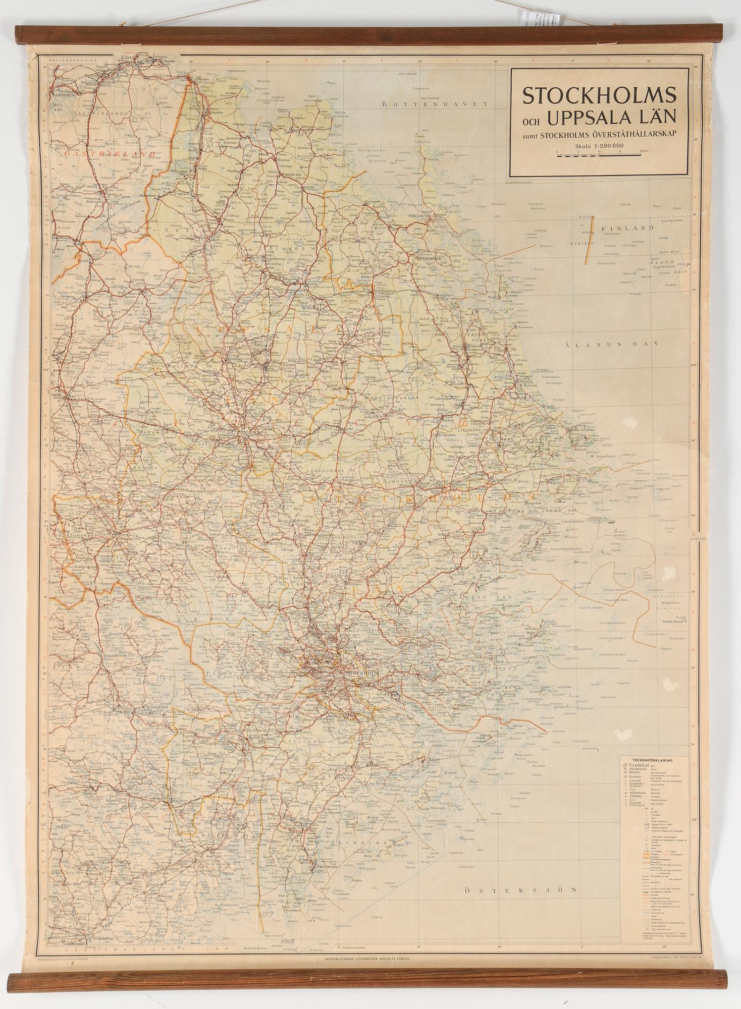 KARTA, Generalstabens litografiska Anstalt. "Stockholms och Uppsala län", 1947.