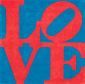 124. CARPET. "Red on Blue", Chosen love. Tufted in 1995. 182,5 x 184 cm. Robert Indiana, USA, born in 1928.