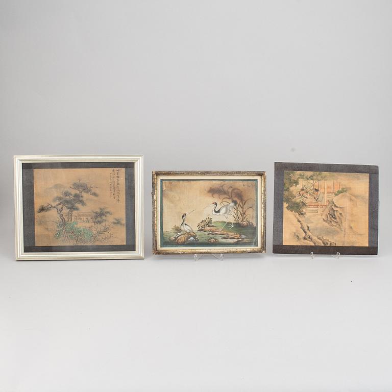 Three watercolour paintings, Qing dynasty, 19th century.