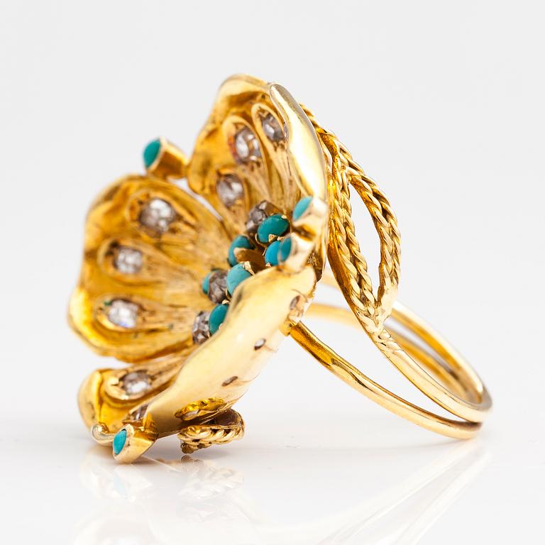 LOTTA ORKOMIES, RING, 18K guld, turkoser, old mine-cut diamanter ca 0.90 ct tot. A Tillander, Helsingfors 1974.