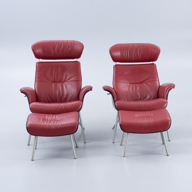 A pair of armchairs with footstool, "Timeout" by Conform, late 20th century.