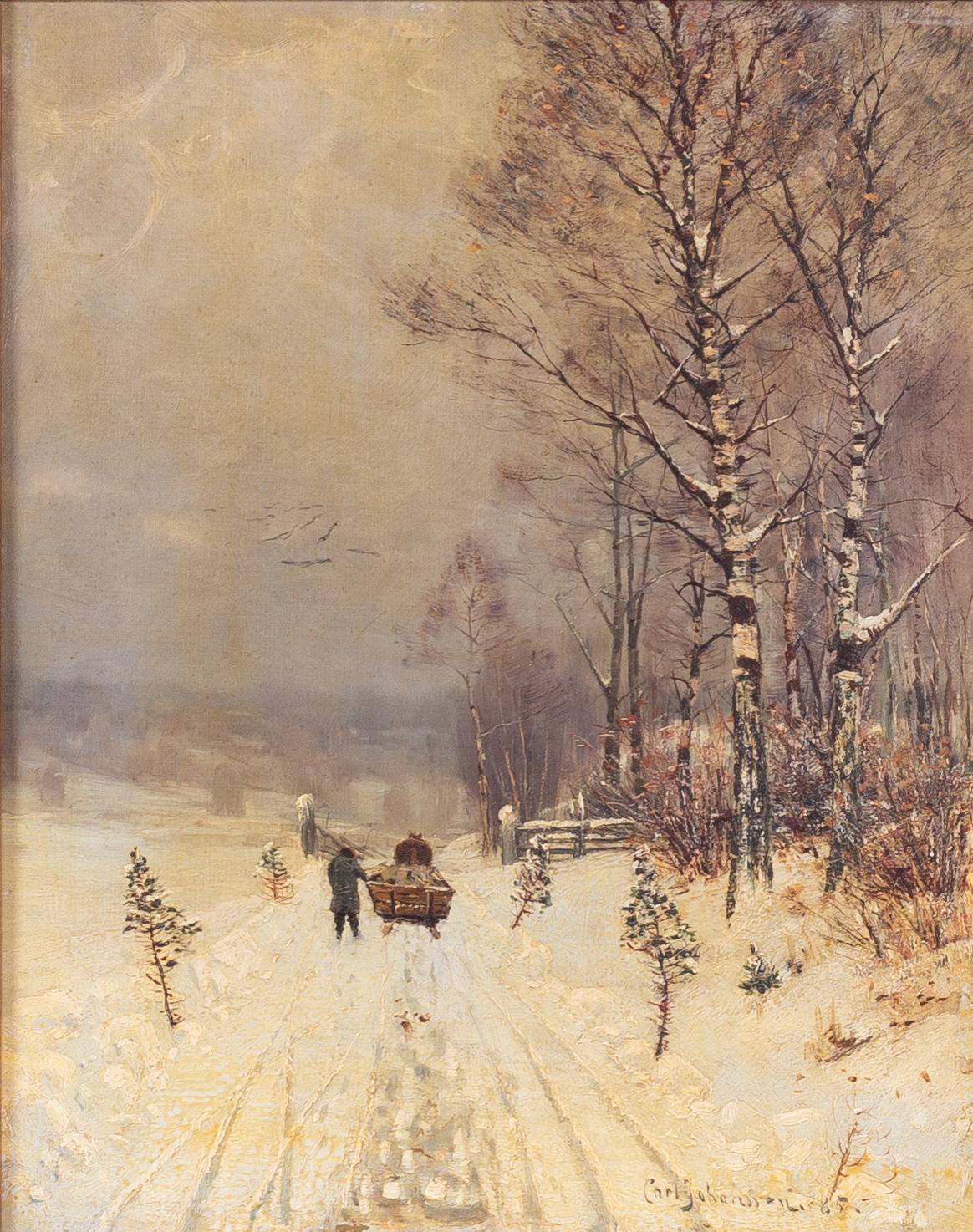 Carl Johansson, Winter landscape with horse and carriage.