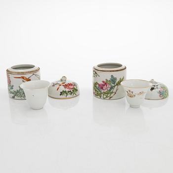 A porcelain food container and three lidded cups, China, circa 1900.