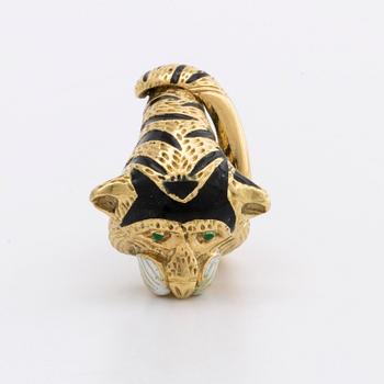 RING 18K guld, emalj, gröna glasstenar.