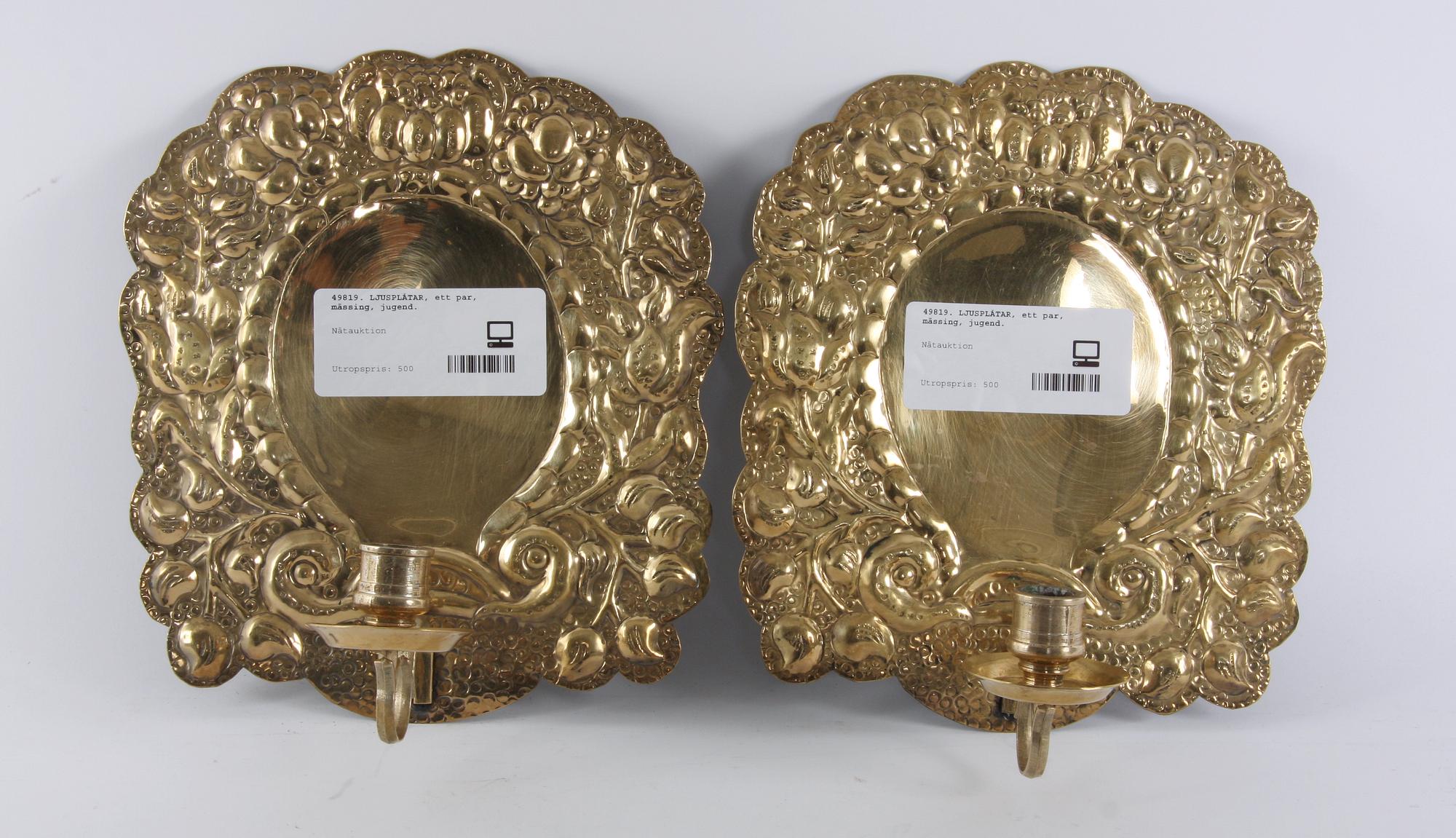 LJUSPLÅTAR, ett par, mässing, jugend.