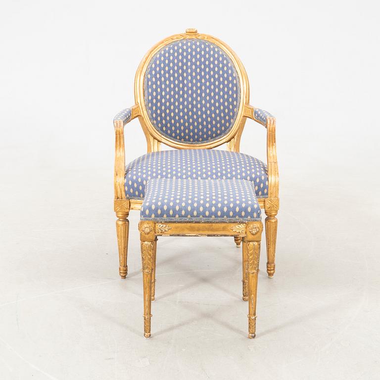 Armchair in the Gustavian style, circa 1800, and a tabouret in the Gustavian style, 20th century.