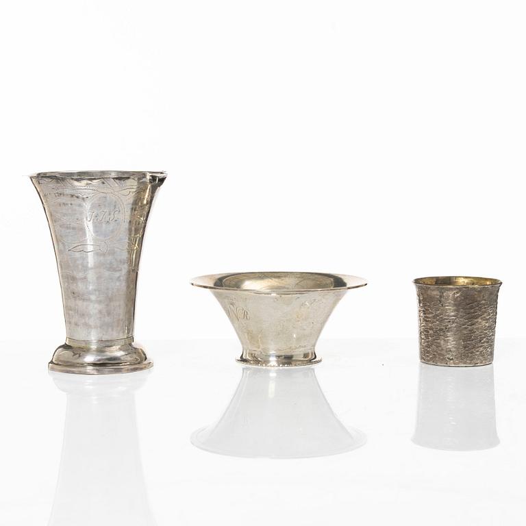 Three cups, dish, basket, jug, bowl, and ring holder, silver.