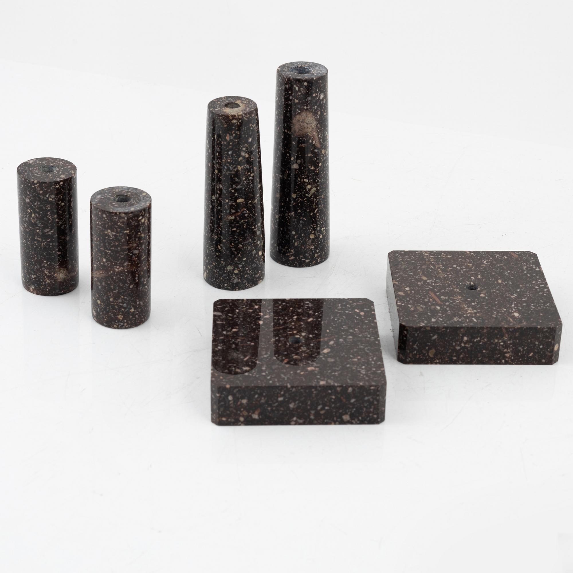 Six parts of porphyr to make candlesticks, 20th Century.