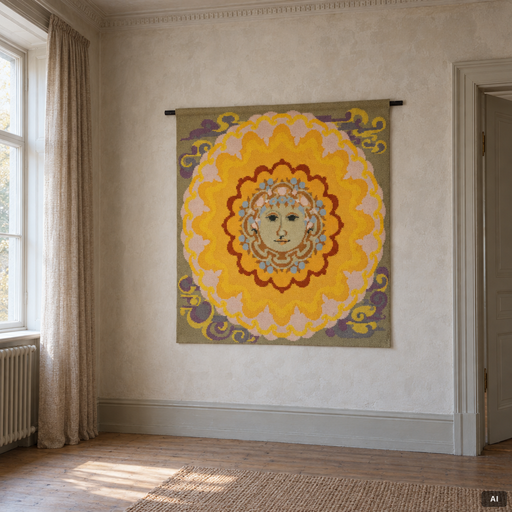 Björn Wiinblad, a wall tapestry, 'Sun Small', Loom Art Collection, Portugal, 1976, c. 118 x 113 cm.
